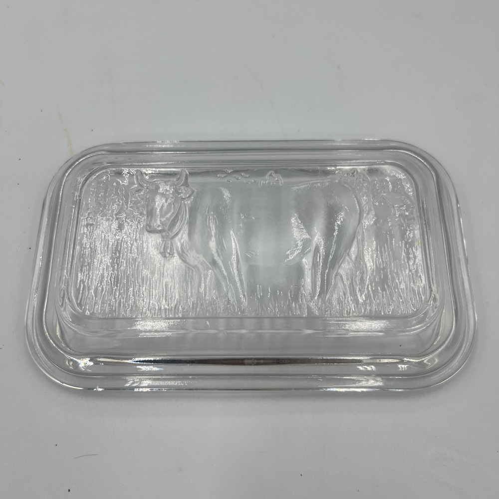 Vintage Clear Glass Butter Dish Embossed Cow Covered Server, Arcoroc France